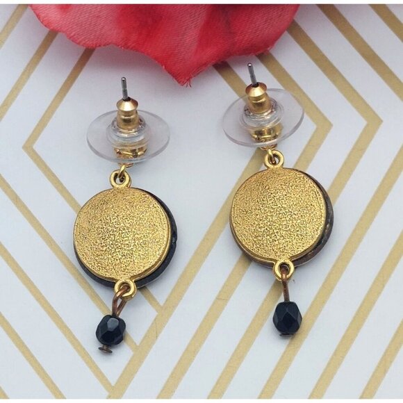 Beautiful Dainty Gold Tone & Black Drop Dangle Earrings Beaded Unique Pierced - Picture 4 of 5